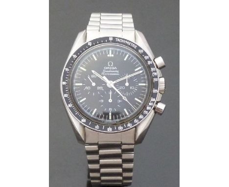 Omega Speedmaster Professional gentleman's chronograph wristwatch with black tachymetre bezel, luminous and white hands and b
