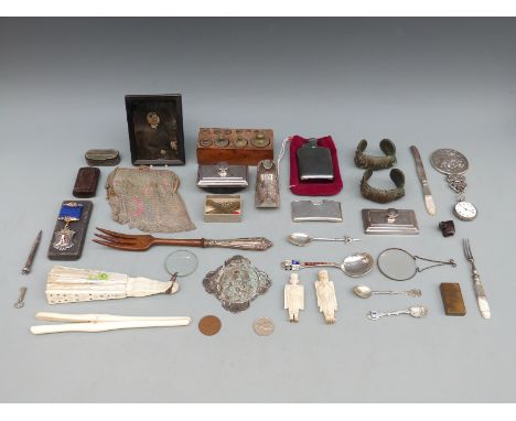 A collection of plate/ white metal items and bijouterie including a desk set, Dutch clog, horn snuff box, Tyrwhitt collar sti