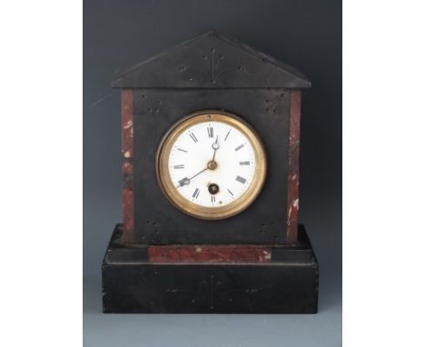 Van der Kieft of Paris 8-day single train mantel clock in slate and marble case of architectural design, the Roman enamel dia