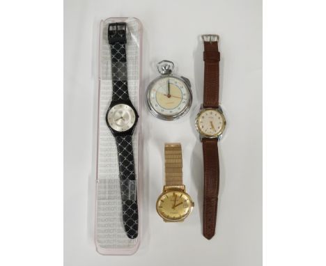 Four pocket and wristwatches comprising Swatch, Accurist Shockmaster, Rotary Junior and Seatimer stopwatch. 