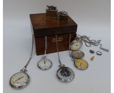 Five various pocket watches including Smiths, Sekonda etc together with two vintage cigarette lighters and a wooden tea caddy