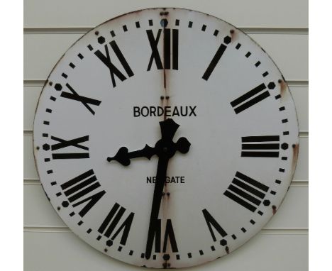 A caseless quartz dial wall clock with distressed look enamel Roman dial stamped 'Newgate Bordeaux', 50cm dial