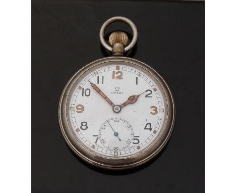 Omega open faced keyless winding military pocket watch with inset subsidiary seconds dial, luminous hands and Arabic numerals