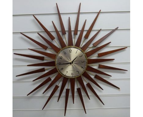 Newgate 1950's style 'sunburst' wall clock with Arabic numerals on brushed aluminium dial, mahogany finish, 68cm diameter