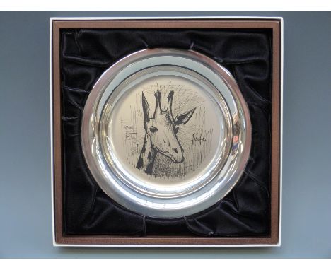 Bernard Buffet hallmarked silver limited edition Giraffe plate, diameter 20cm, 212g,in original box with certificate 