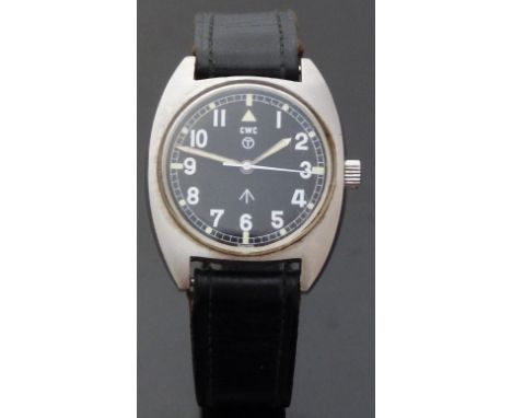 Cabot Watch Company (CWC) gentleman's military wristwatch with luminous hands and hour markers, Arabic numerals, black face, 