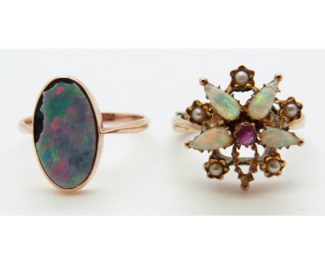 A 9ct gold ring set with an opal doublet and a 9ct gold ring set with a ruby, opals and seed pearls, size O, 1.7g, K, 3.4g 