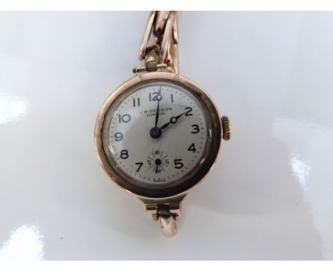 J W Benson 9ct gold ladies wristwatch with inset subsidiary seconds dial, blued Breguet hands, black Arabic numerals, silver 