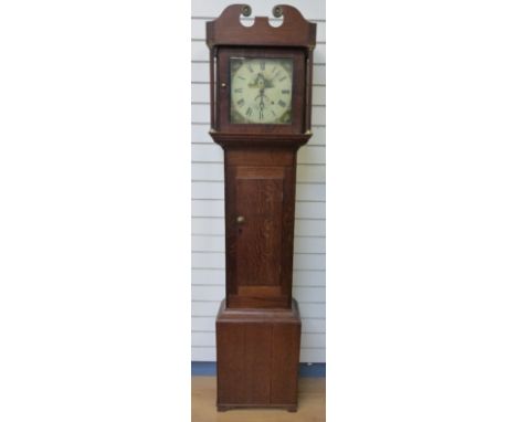 S & C Porters, Wokingham, early 19thC oak longcase clock, the 28cm square painted Roman dial with date aperture and pierced b