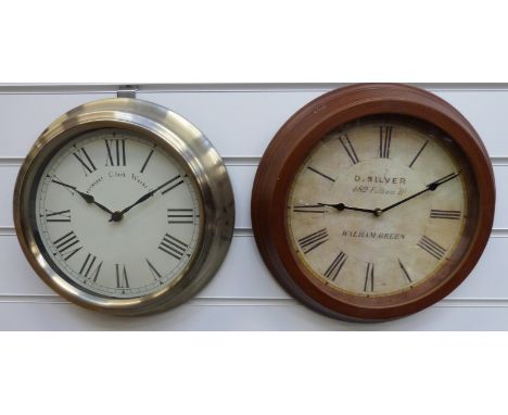 Two quartz dial wall clocks, both with Roman numerals, 'D Silver' to one, Towcester Clock Works to the other, one in mahogany