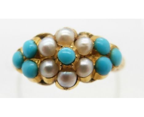 A Victorian ring set with seed pearls and turquoise, glass compartment verso, size K, 2.2g