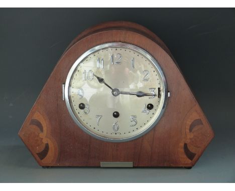 FHS German c1930s Deco mantel clock with chrome overlaid Arabic numerals, the dual chime Westminster / Whittington with strik
