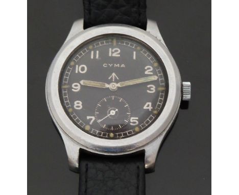 Cyma military issue wristwatch with luminous hands and dot markers, Arabic numerals, inset subsidiary seconds dial, black fac