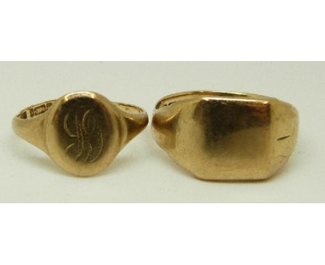 Two 9ct gold signet rings, size O, 4.8g, K/L, 1.8g 