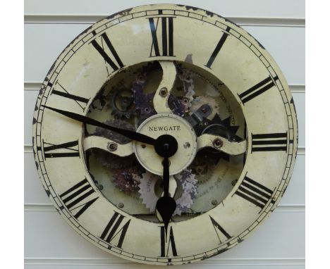 Newgate quartz caseless wall clock with faux visible escapement, Liverpool to wheels, Roman numerals on 38cm enamelled dial