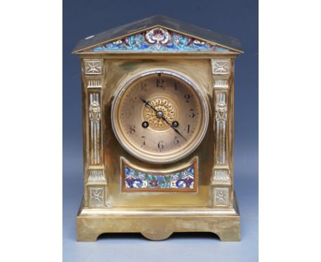 S Marti c1910 mantel clock in architectural-style brass case with enamelled inlay, the self-coloured Arabic dial with filigre