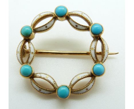 An Edwardian brooch set with white enamel and turquoise cabochons 