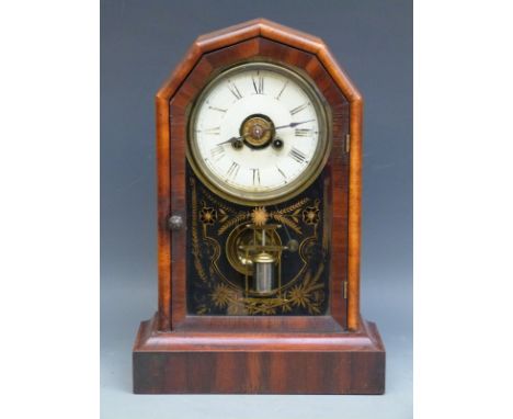 New Haven USA 'postman's alarm' shelf clock, the brass movement with faux mercury pendulum bob, Roman dial with brass surroun