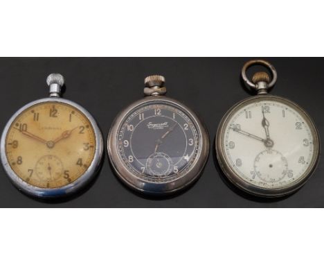 Three military keyless winding pocket watches comprising Leonidas with marked 'G.S.T.P. N.8986' below ministry broad arrow, I