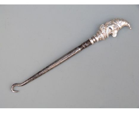 Edward VII hallmarked silver novelty button hook depicting Punch, Birmingham 1906 maker Robert Pringle  & Sons, length 15cm