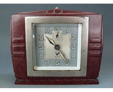 Blangy, French Deco alarm clock in Bakelite case, with stylised Arabic numerals on grey chapter ring, 13cm tall