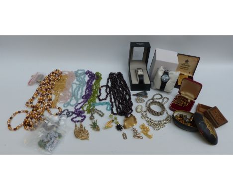 A collection of costume jewellery to include garnet, rose quartz, peridot, amethyst beaded necklaces, pearl necklace, tiger's