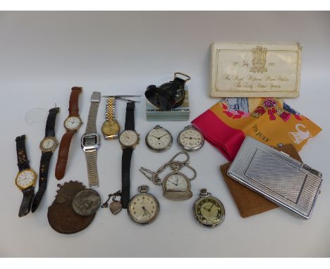 Eleven various pocket and wristwatches including Ingersoll, Lucerne etc together with a silver locket on chain, compass, ciga