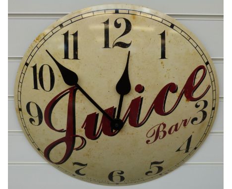 Newgate quartz advertising enamelled wall clock for 'Juice Bar' in distressed look finish, 50cm diameter