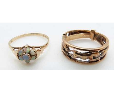 A 9ct gold ring depicting three leopards and a 9ct gold ring set with opals in a cluster, size K/L, 2.6g, M, 1.2g 
