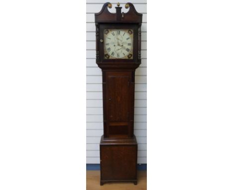 Vick, Stroud, 19thC oak longcased clock, the 30cm painted square Roman dial with secondary seconds and date dials the case wi