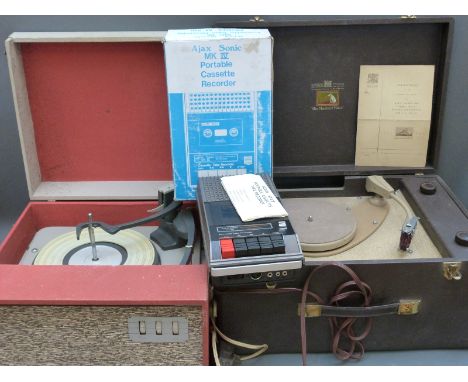 Monarch portable record player, 1960s, with BSR deck, together with a 1950s His Master's Voice example and an Ajax Sonic Mk I