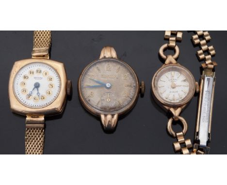 Three Rotary 9ct gold ladies wristwatches, two on gold plated bracelets