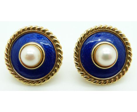 A  pair of 18ct gold earrings each set with blue guilloché enamel and a pearl 15.7g