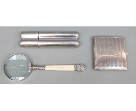 A Swedish white metal cigarette case marked 830, weight 99g, a hallmarked silver and ivory-handled magnifying glass and a pla
