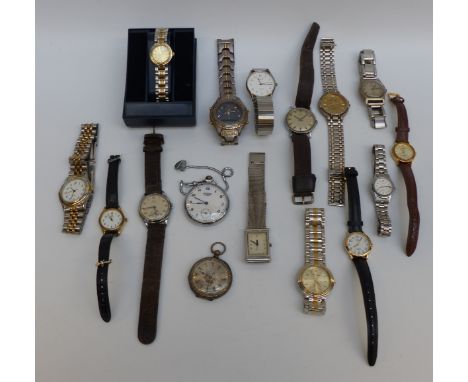 Fourteen various ladies and gentleman's wristwatches including Avia, Rone, Timex etc together with a white metal pocket watch