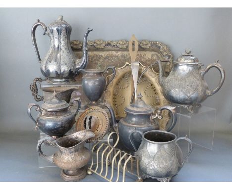 A large collection of silver plated ware including a heavy twin-handled tray, length 61cm, basket, tea set, Hinks no 2 oil la