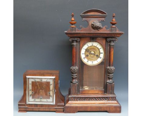 English c1930s mahogany mantel clock in square case, the square Roman utility dial with spear-shaped chromed pierced hands, t