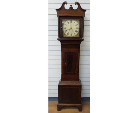 Wrangler, Oxford, early to mid-19thC mahogany longcase clock, the 30cm painted square dial with Roman numerals, filigree bras