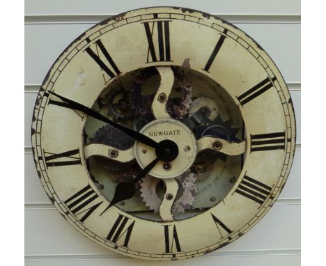 Newgate quartz caseless wall clock with faux visible escapement, Liverpool to wheels, Roman numerals on 38cm enamelled dial