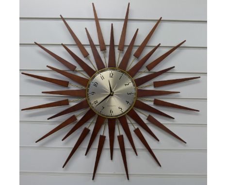 Newgate 1950's style 'sunburst' wall clock with Arabic numerals on brushed aluminium dial, mahogany finish, 68cm diameter