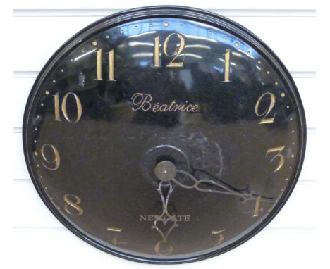 Newgate 'Beatrice' quartz caseless wall clock, the ivory coloured convex dial with contrasting gold coloured Arabic numerals,