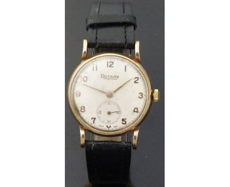 Rotary 9ct gold gentleman's wristwatch with inset subsidiary seconds dial, gold hands and Arabic numerals, cream face and 15 
