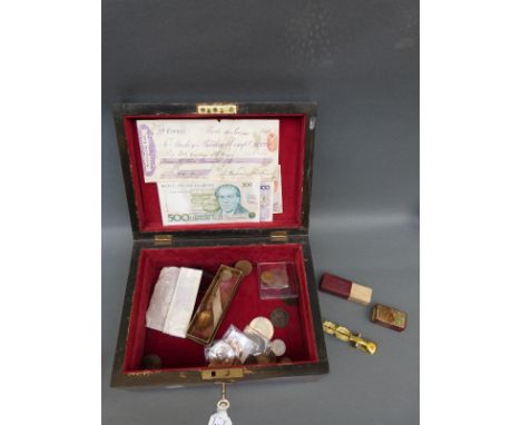 A wooden chest/ caddy containing crown sized coins including silver Britannia, 1936 Edward VIII re-strike, Maria Theresia, so