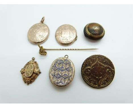 A tortoiseshell button inlaid with gold plate, a Victorian locket set with blue enamel and with compartment for hair verso, a