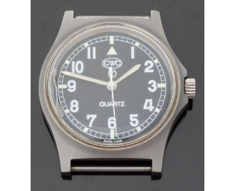Cabot Watch Company (CWC) gentleman's military wristwatch with luminous hands and hour markers, Arabic numerals, black face, 