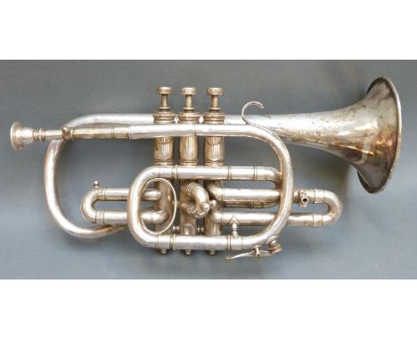 Hawkes silver plated cornet, inscribed 'The Clippertone Excelsior Sonorous Class A, Hawkes & Son, Denman St, Piccadilly, Lond