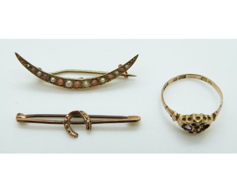 Victorian 9ct gold ring, 9ct gold crescent brooch set with seed pearls and coral and a yellow metal horseshoe brooch, 3.8g