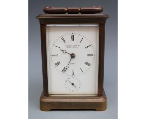 Camerer Kuss & Co, 56 New Oxford St. London, early to mid-century brass carriage clock with corniche-style case, 62mm white e