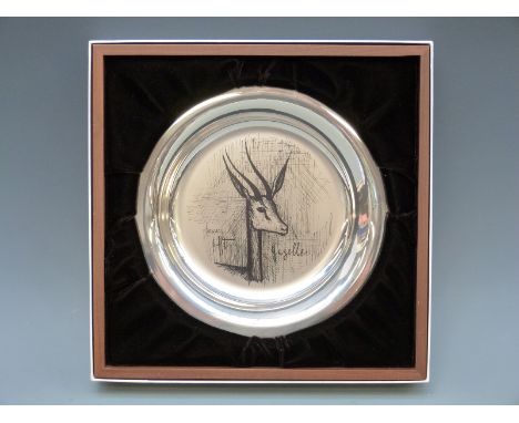 Bernard Buffet hallmarked silver limited edition Gazelle plate, diameter 20cm, 203g, in original box with certificate 