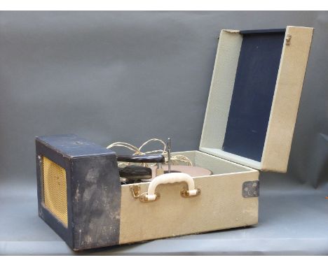 HMV 1950s portable record player with Bakelite arm and turntable